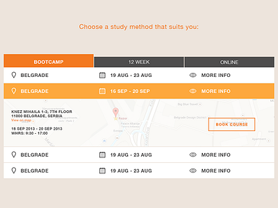 Table of available courses clean date flat location map tab table