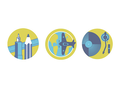 Flat icons for portfolio - WIP flat flat icons globe illustration music pen pencil plane record travel turntable vector