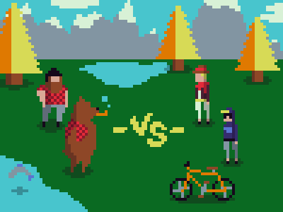 Lumbee Jack and Watson 8 bit bear hipster lumberjack mountain pixel plaid tree video game vs