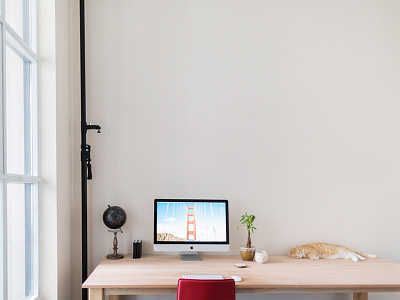 My current workspace bright cat desk display globe imac interior minimalistic office plant workspace