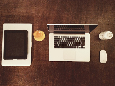 My Workspace apple desk wood grain yellow