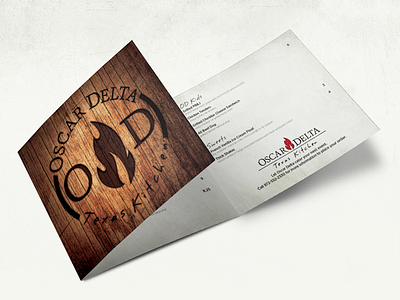 Oscar Delta Menu Mockup brand burned cattle brand fire food grain layout menu texas texture wood wood grain