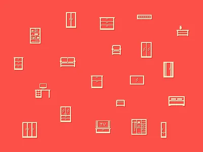 Furniture icons bed chair coffee table couch desk icons illustration living red sofa tv yellow