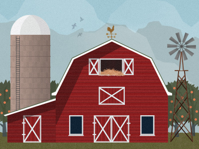 Farm barn birds mountains red trees