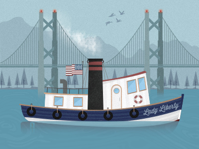 Boat american boat bridge flag mountains trees water
