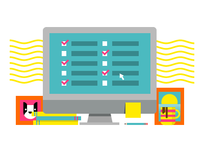 Preferences book computer desk dog e mail frame illustration mug pencil post it vector