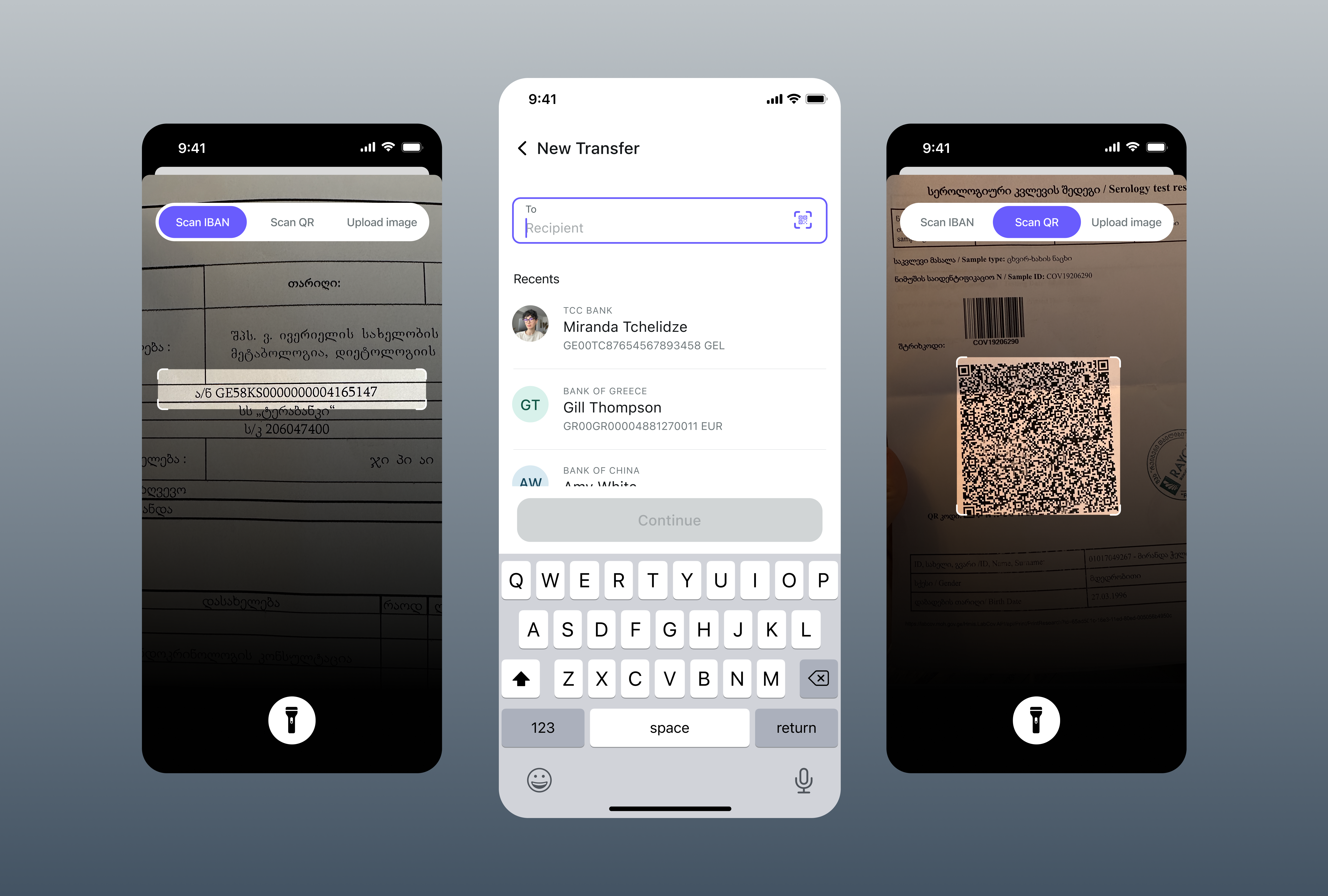 Transfers with IBAN & QR Scanning app figma ui