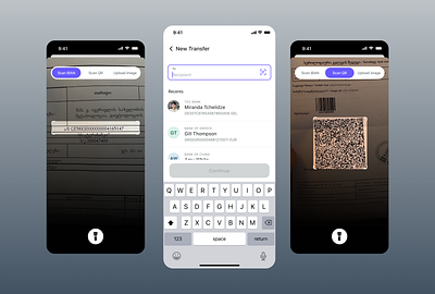 Transfers with IBAN & QR Scanning app figma ui