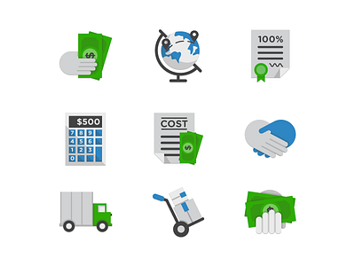 Iconmojigs calculator certificate cost dolly globe hand icon money set shake trolley truck