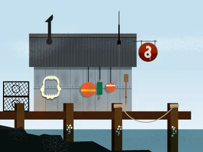 Boat House architecture coast fishing holidays illustration nautical shack shark vector water
