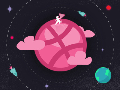 Dribbble Debut debut dribbble earth hello planet rocket space stars thank