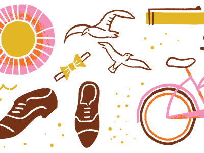 High School And Summer beach bike bow tie cruiser editorial high school illustration sand seagulls shoes summer sun