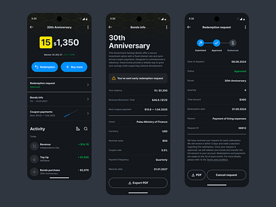 Investment app dark mode blockchain bonds crypto dark fintech investment mobile web3