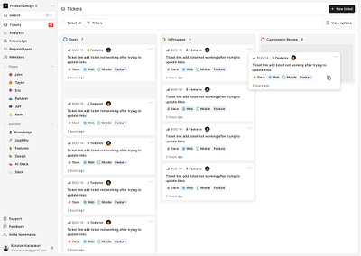 Kanban Board View for Ticket Management System design kanban list platform product saas ticket todo ui ux