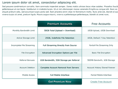 Account Types Table features green packages pricing table