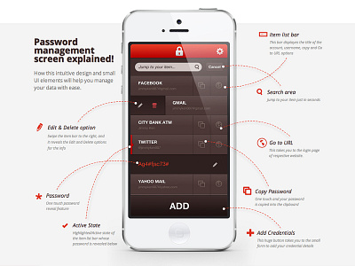 Password Management Screen Explained 17seven brown clean iphone ui design mobile design orange password manager ui design user interface design