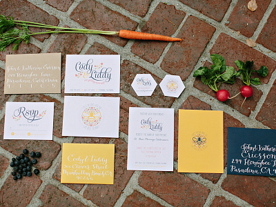 Honeybee Invite Set Dribbble bee brick fruit garden honey invitations invites print savethedate veggies wedding weddingset