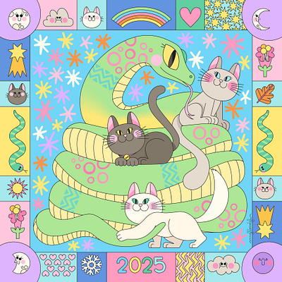 Lunar Snake 2d animal cats character characterdesign children design flat graphic design illustration illustrator ilustracion kawaii kidlitart lunarnewyear moon nature snake vector yearofthesnake