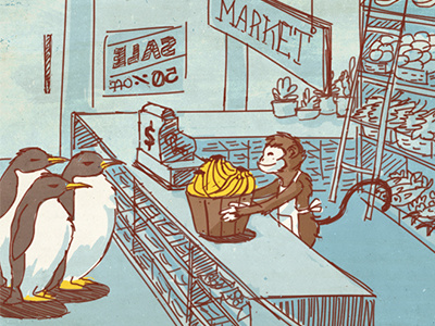 "We listen, We care, We deliver" bananas comic humor illustration market monkey penguins