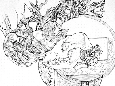 Pen and Ink on Grid Paper grid paper illustration pen and ink rooster skull snake traditional