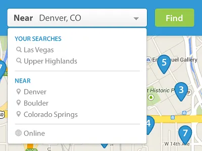 Find/Maps dropdown find geo location maps merchants search