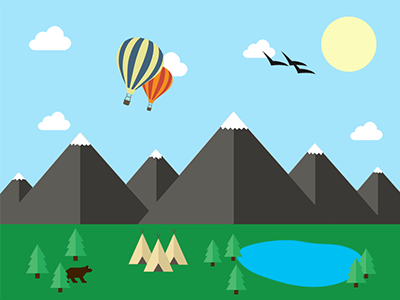 Debut shot! Thanks Yana Bernadskaya balloon bear clouds debut flat illustration invite mountains sun tree