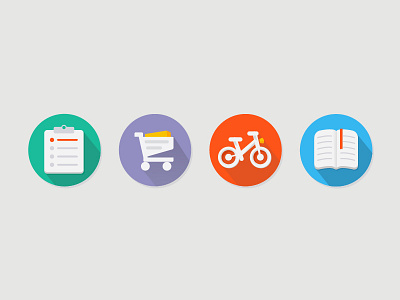 flat icons bike book cart clipboard flat icon long shadow shopping