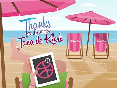 Thanks for the invite Jana beach debut dribbble flat green illustration pink