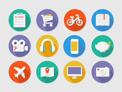 More flat icons bike book camera clipboard film flat headphone icon iphone long shadow map plane