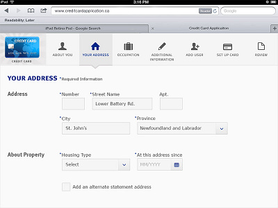 iPad Credit Card Applicaiton form ipad ui