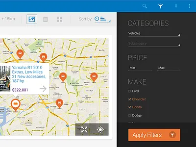 Filters on Android App android app button checkbox filters icons map pins search slide sort tablet