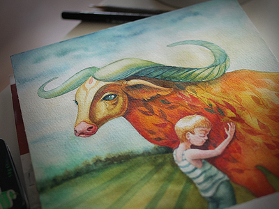 Autumn animal art boy buffalo character cow illustration orange paint watercolor