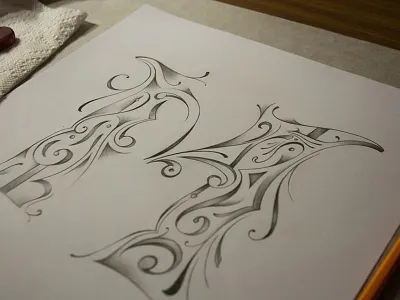 Commission: M flourish hand lettering handlettering illuminated manuscript lettering pencil sketch