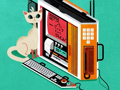 Luggable Cat Call cat computer design future history illustration illustrator laptop retro texture vector