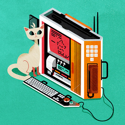 Luggable Cat Call cat computer design future history illustration illustrator laptop retro texture vector