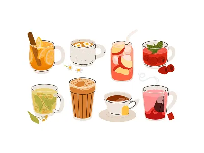 Various tea set berry beverage cartoon concept design drink flat herbal hot iced illustration peach tea vector