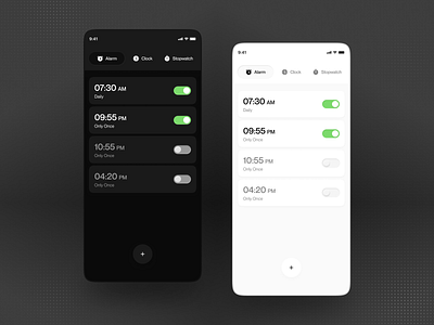 Alarm Mobile Interface, Dark and Light Modes alarm alarm app alarm design clean ui clock concept dark mode figma freelance light mode mobile design neumorphism prototype stopwatch time ui uiux user experience user interface ux