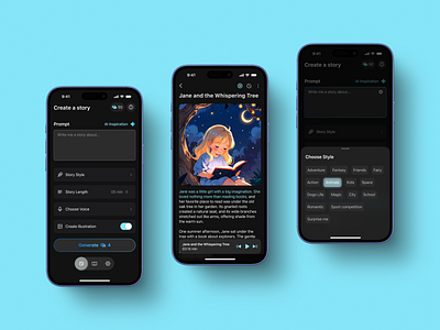 AIRY - Kids Bedtime AI app ai ai app ai generator app ai kids app ai story app bedtime app dark theme figma illustration ios kids app minimalist mobile mobile ui app product design prompt prompt app generator ui ui design ux