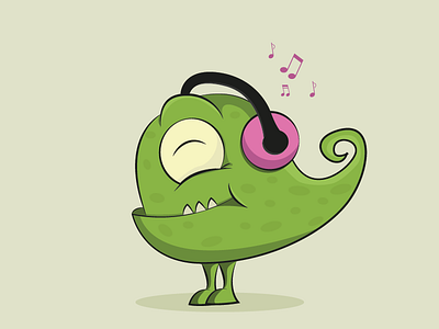 Listening to Music cute emotion eye green illustration monster music notes
