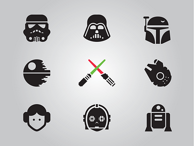 Star Wars Glyphs, Updated boba fett c3po darth vader deathstar icons leia lightsaber millenium falcon r2d2 star wars stormtrooper vector