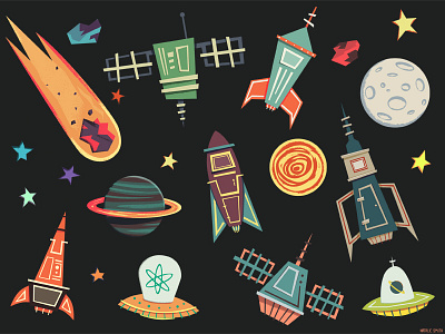 Space Stuff! alien illustration moon rocket satellite space stars ufo