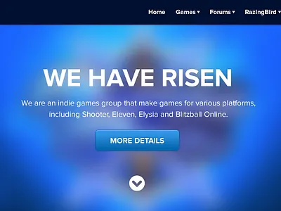 Razing Bird Games Website blue button cliche games hero nav proxima nova razing bird