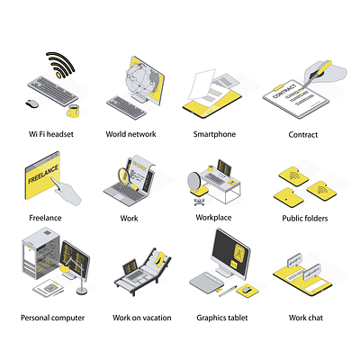 Freelance Work 2d Icons Set Animation 2d animation contract flat folders freelance graphics tablet icons illustration isometric motion personal computer smartphone wi fi headset work work chat work on vacation workplace world network