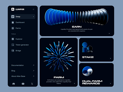 Lumpor Finance Dashboard 3d elements blockchain cryptocurrency dark theme dashboard defi design financial dashboard landing page modern ui staking ui ui ux ux uxui web 3 web design web ui web ux website