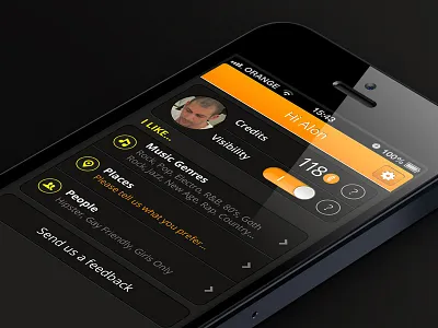 Black profile setting for WhatsHot App black chronus cool credits feedback music people places settings tags toggle whatshot
