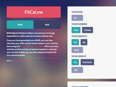 Fitcal.me bmi bmr fitness flat ui website