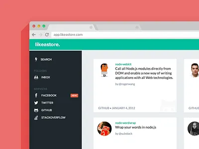 thinking of likeastore ui updates clean facebook flat github likeastore menu search sidebar socials stackoverflow twitter ui