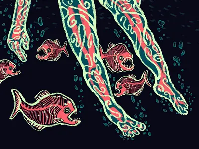 Piranhas Make Terrible Friends art dark design digital illustration james r eads kickstarter night painting piranhas print swimming