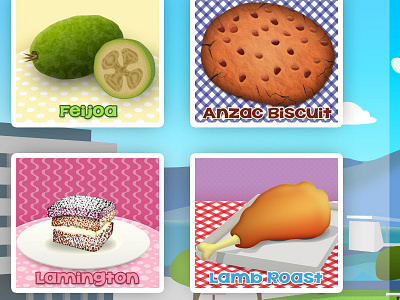 Memory game card design anzac biscuit card feijoa fruit illustration ipad ipad 2 lamb roast lamington memory game