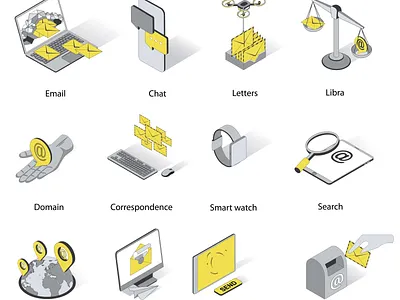 Mail 2d Icons Set Animation 2d animation chat correspondence domain email flat illustration isometric isons letters libra mail motion post office receiving letters search send smart watch world communication